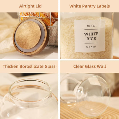 2 Pack Large Glass Flour and Sugar Storage Containers with Airtight Acacia Wood Lids and 132 Kitchen Pantey Labels Preprint - 1 Gallon Borosilicate Glass Canister Sets for Food,Pasta,Cookie,Rice
