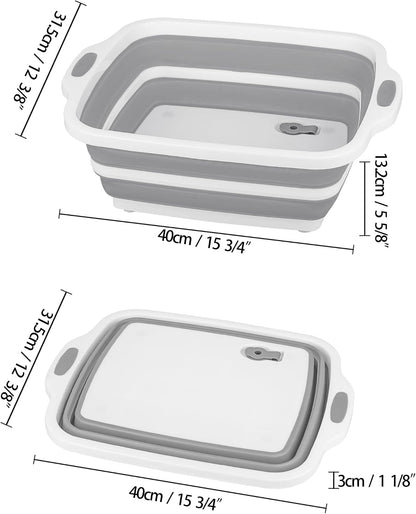 2 Pack Collapsible Cutting Board, Foldable Dish Tub with Draining Hole, Portable Chopping Board with Colander, 3 in 1 Multifunction Camping Sink for Washing Dish, Bowl, Vegetables and Fruit