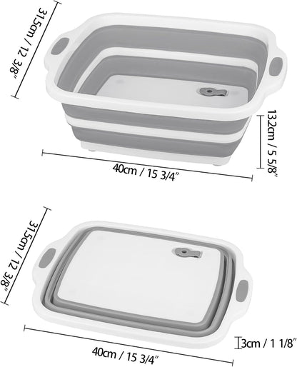 2 Pack Collapsible Cutting Board, Foldable Dish Tub with Draining Hole, Portable Chopping Board with Colander, 3 in 1 Multifunction Camping Sink for Washing Dish, Bowl, Vegetables and Fruit