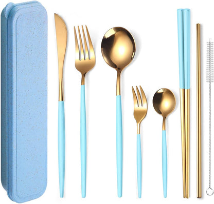 AARAINBOW 8 Pieces Stainless Steel Flatware Set Portable Reusable Cutlery Set Travel Utensils Set Including Chopsticks Knife Fork Spoon Straws Cleaning Brush Dishwasher Safe (Pink Golden)