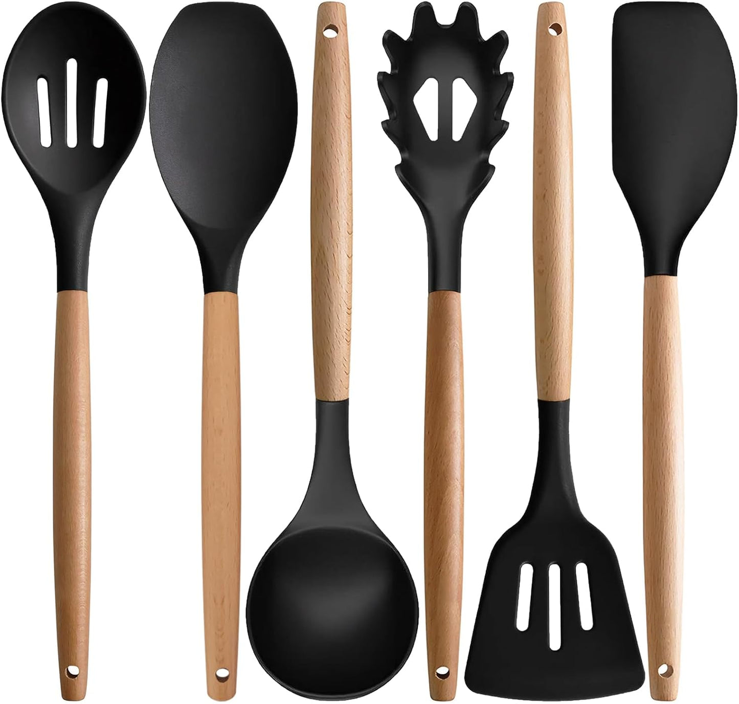 Kitchen Cooking Utensils Set, 6Pcs Silicone Kitchen Utensils Set Spatula Spoon Soup Ladle Turner, Heat Resistant Wooden Handle Silicone Cooking Gadgets for Nonstick Cookware & Baking BPA FREE