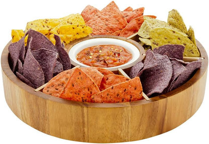 Restaurantware Chips and Dip Bowl Salsa Serving Platter Wooden Chip Dip Bowl - 12" - Acacia Wood & Porcelain Dip Bowl - Snacks Chips Hummus - 1ct Box