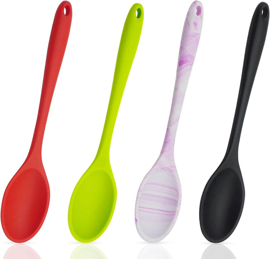 4 Pcs Silicone Spoons for Cooking, 10.6'' Large Mixing Spoon for Cooking Heat Resistant Basting Spoon Serving Spoon, Non Stick Kitchen Utensil Spoons Set for Stirring, Mixing and Serving