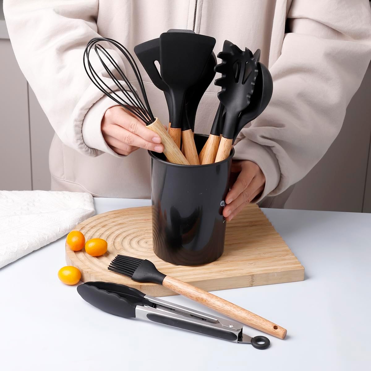 Eco-Friendly Silicone Kitchen Utensil Set, 12-Piece Nonstick Cooking Tools with Plastic Holder Stand (BPA-Free)