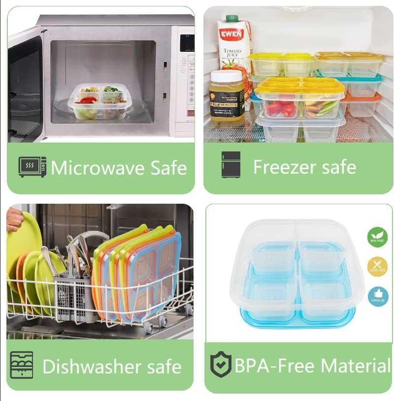 Finorder 6 Pack 4-Compartment Snack Containers, Reusable Food Containers for Kids School, Adults Office, Picnic Trip, Lunch Bento Box Meal Prep Containers (Bright Color Set)