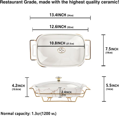 13" x 9" Ceramic Casserole Dish with Glass Lid and rack, 2.2 Quart Serving Soup Tureen,Chafing Dish for Buffet, Family Food preserve Tray, Catering Casserole for Party Style