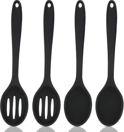 Boao 4 Pcs Silicone Spoons for Cooking 10.6 Inch Large Nonstick Serving Spoons Heat Resistant Slotted Spoon for Mixing & Stirring Kitchen Cooking Utensils, Dishwasher Safe(Black)
