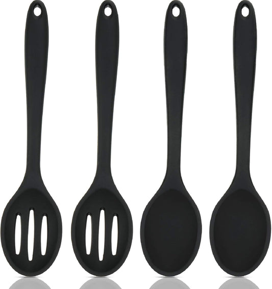 Boao 4 Pcs Silicone Spoons for Cooking 10.6 Inch Large Nonstick Serving Spoons Heat Resistant Slotted Spoon for Mixing & Stirring Kitchen Cooking Utensils, Dishwasher Safe(Black)