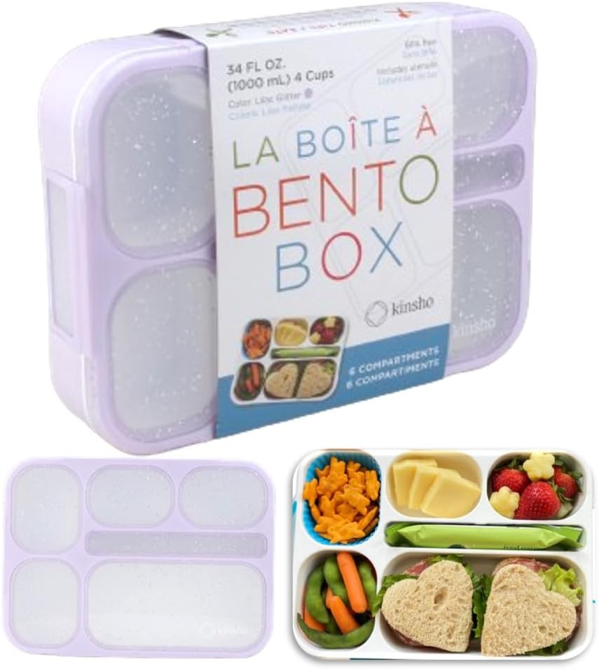 kinsho Bento Lunch-Box Set for Kids includes Snack Container | 6 and 3 Compartment Boxes Leakproof School Bentos, Meal Portion Control Containers, Boys Girls Adults, Navy Blue Large + MINI 2 Pack Set