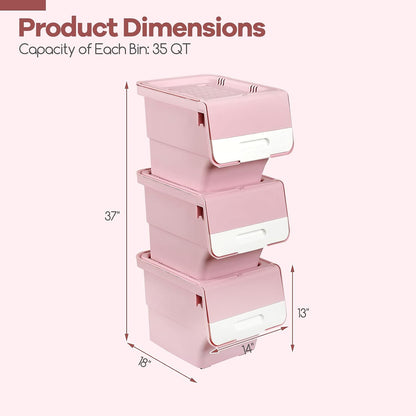 Giantex Plastic Stackable Storage Bins with Lids & Wheels, 3 Pack Open Front Stacking Bins, Organizer Bins for Pantry, Kitchen, Laundry, Closet, Playroom, Bedroom Organization (12.5 QT)