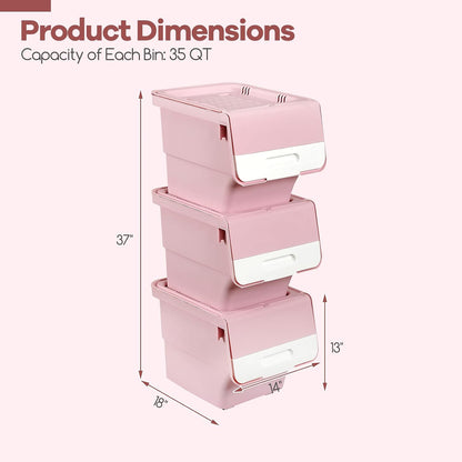Giantex Plastic Stackable Storage Bins with Lids & Wheels, 3 Pack Open Front Stacking Bins, Organizer Bins for Pantry, Kitchen, Laundry, Closet, Playroom, Bedroom Organization (12.5 QT)