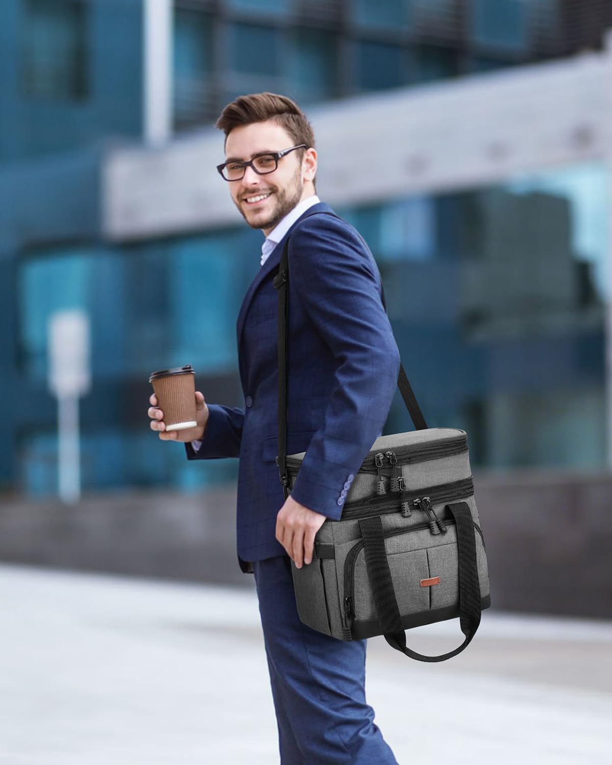 Pritent Lunch Box For Men Women Double Deck Insulated Lunch Bag For Men Woman Leakproof Expandable Cooler Bag with Adjustable Shoulder Strap for Kids Shool Work Picnic Camping(Beige,Large)