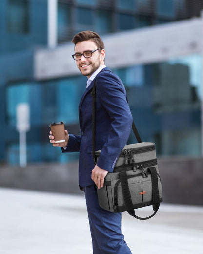 Pritent Lunch Box For Men Women Double Deck Insulated Lunch Bag For Men Woman Leakproof Expandable Cooler Bag with Adjustable Shoulder Strap for Kids Shool Work Picnic Camping(Beige,Large)