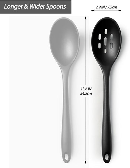 Silicone Spoons for Cooking - Extra Large Kitchen Spoons for Mixing, Serving, & Stirring - 600°F Heat-Resistant Non Stick Utensils Ladle & Skimmer- Dishwasher Safe, Black