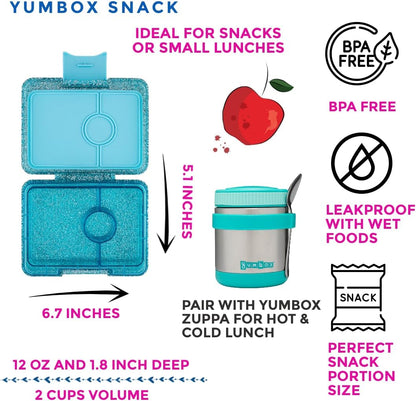 Yumbox Snack Box, 3 Compartments, Leakproof, Glitter Blue | Built-In Dip Well | Removable Compartment Tray | Easy-Open Single Latch | Lightweight & Compact | Perfect for Snacks & Sides