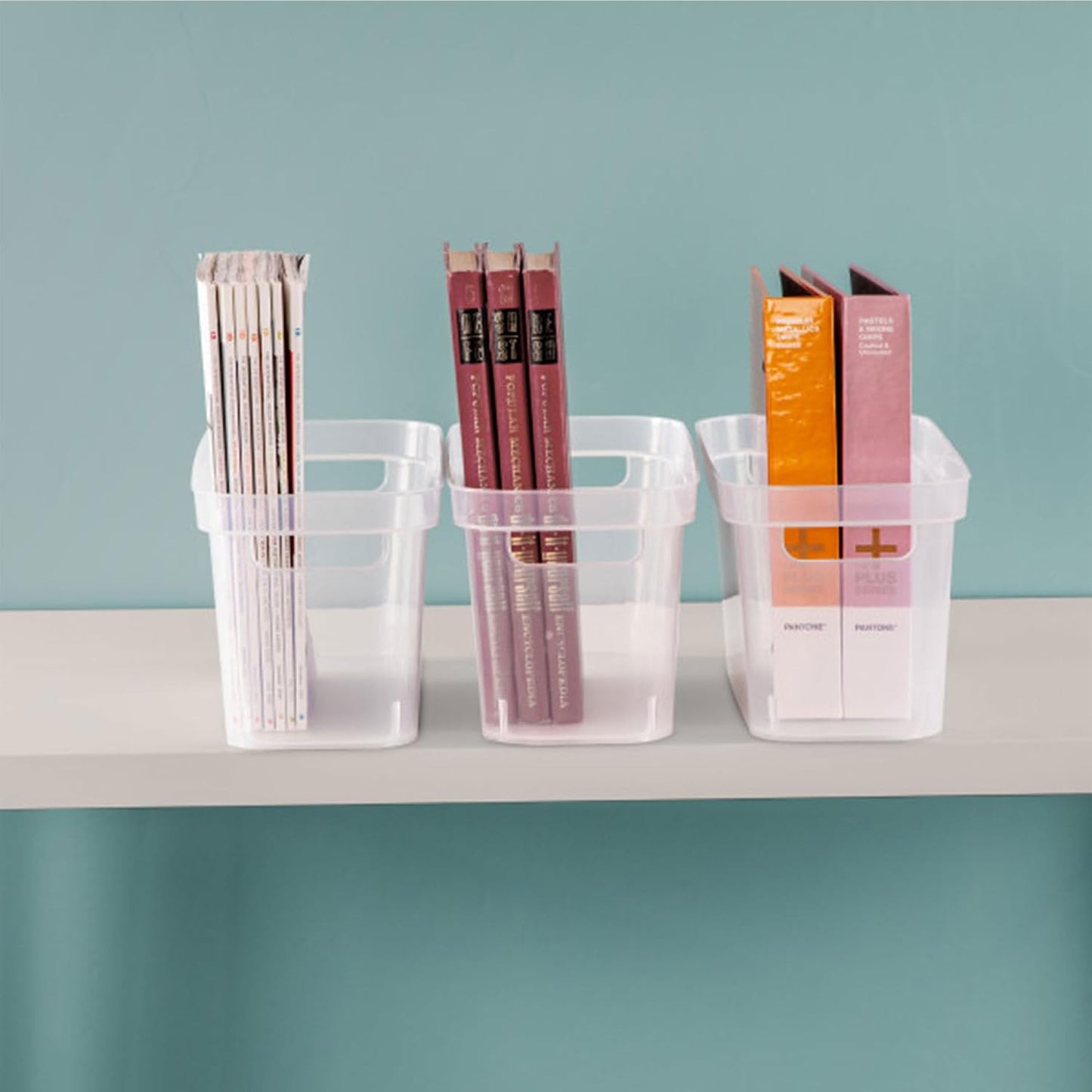 Sterilite 6.25x6.25x15 Inch Narrow Modern Storage Bin with Comfortable Carry Through Handles and Banded Rim for Household Organization, Clear (8 Pack)