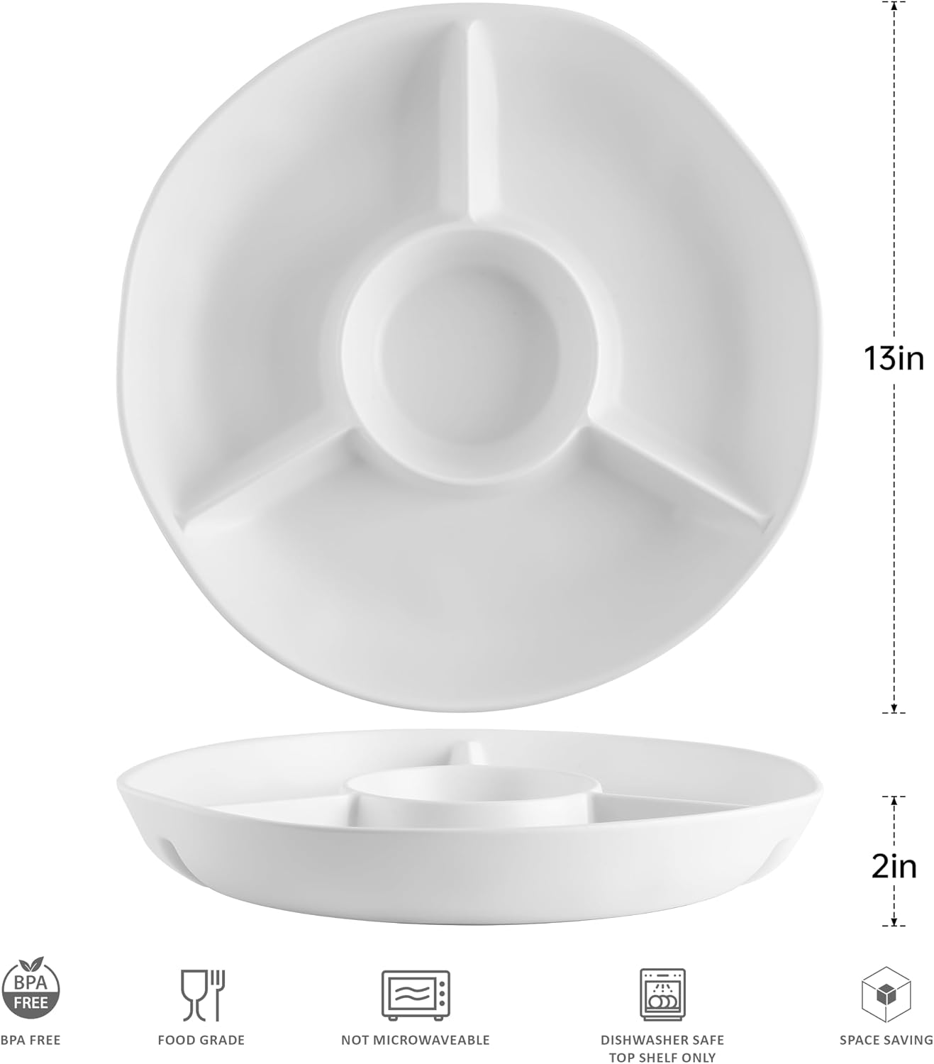 Chip & Dip Serving Tray Set, 4 Sectional Round Melamine Serving Platter, Relish Tray, Round Compartment Appetizer platter for Veggies, Candy and Snacks, Matte Black, Set of 2