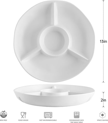 Chip & Dip Serving Tray Set, 4 Sectional Round Melamine Serving Platter, Relish Tray, Round Compartment Appetizer platter for Veggies, Candy and Snacks, Matte Black, Set of 2
