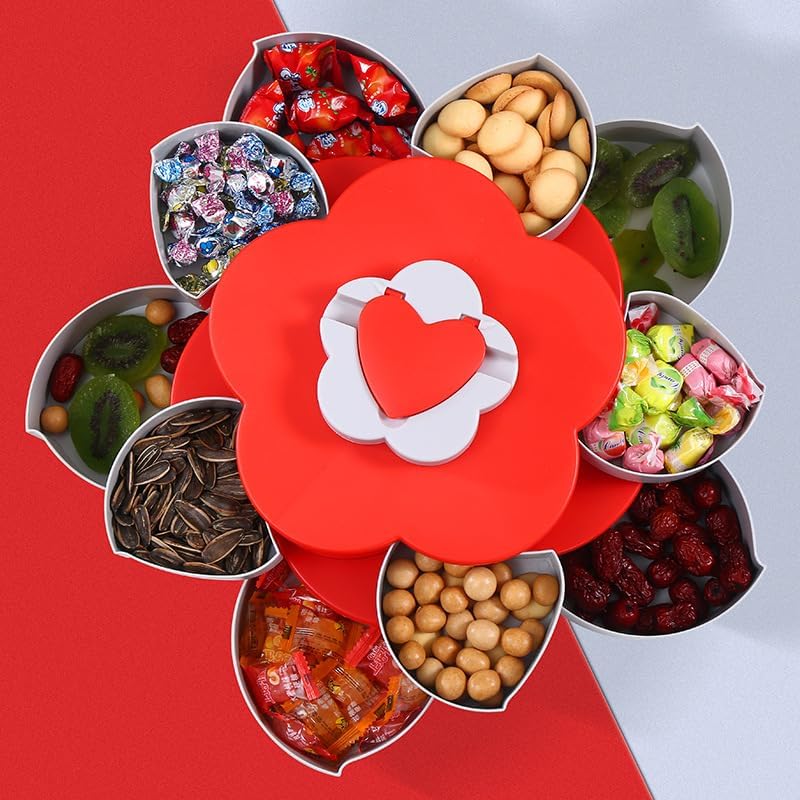 EUBUY Snack Storage Box, Rotating Candy Box Petal Shape Food Snack Storage Box, Food Fruit Storage Box, Double Deck Petal Shaped Platter for Home Party Wedding