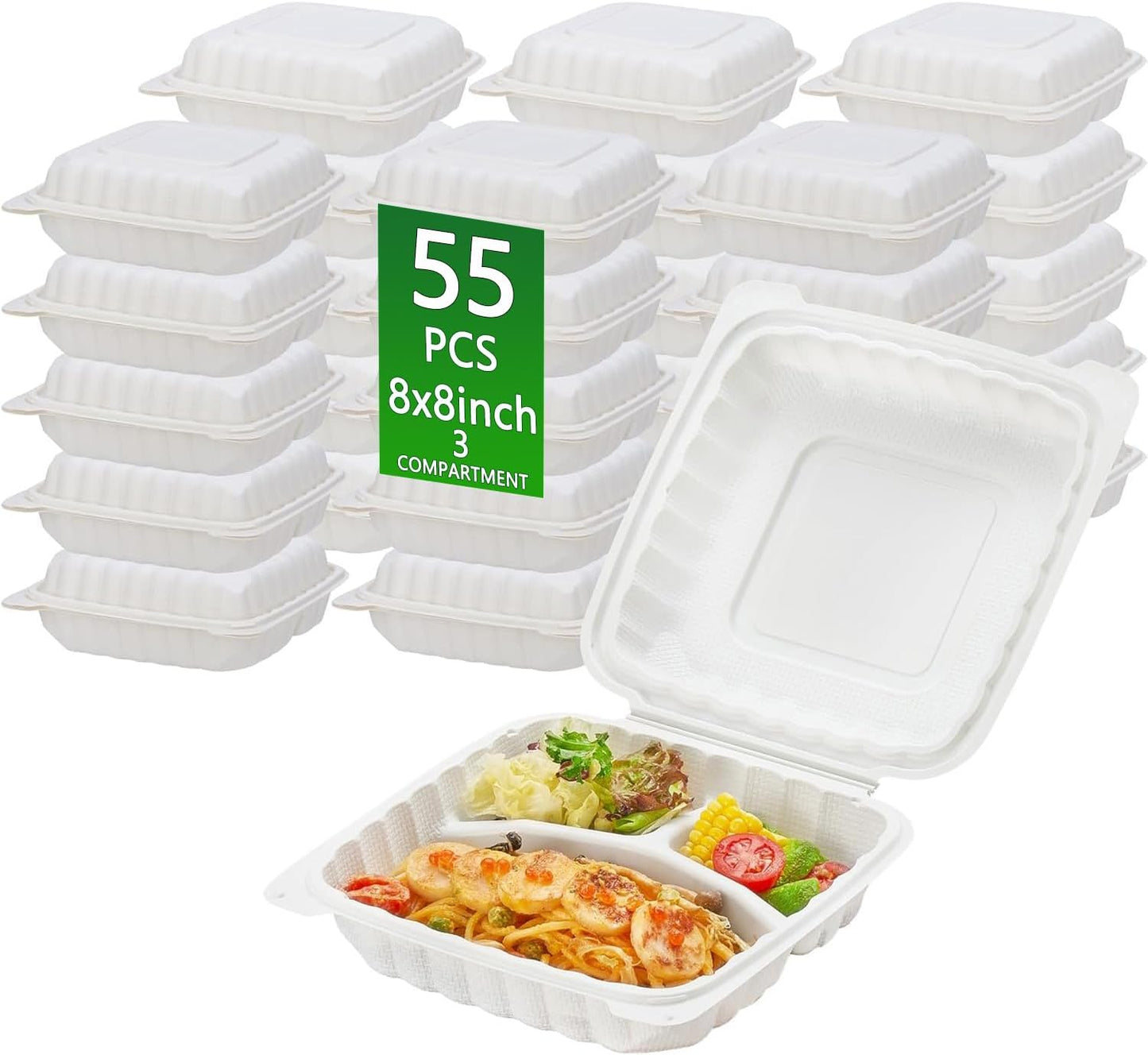 3-Compartment Clamshell Food Containers, Heavy Duty Plastic To Go Boxes with Hinged Lid, Microwave, Freezer & Dishwasher Safe, BPA-Free Takeout Trays for Meal Prep (White) (30, WHITE, 9 * 9inch)