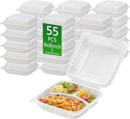 3-Compartment Clamshell Food Containers, Heavy Duty Plastic To Go Boxes with Hinged Lid, Microwave, Freezer & Dishwasher Safe, BPA-Free Takeout Trays for Meal Prep (White) (30, WHITE, 9 * 9inch)