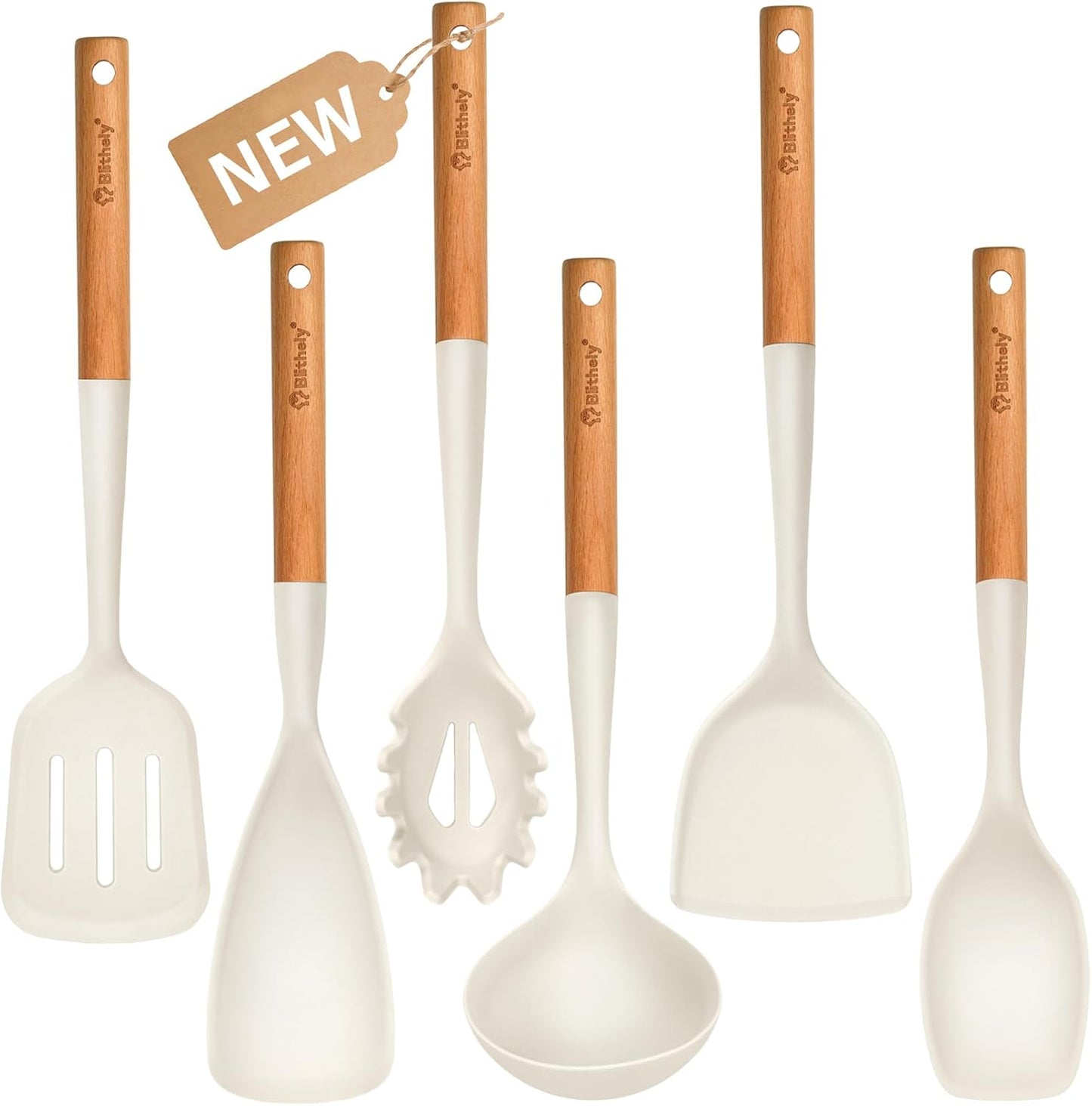 Large Silicone Kitchen Utensils Set, 6 PCS Nonstick Cooking Utensils Set with Wooden Handle, Heat Resistant and BPA Free Silicone Utensil Spatula Set for Cooking with Turner, Spoon and Ladle(Black)