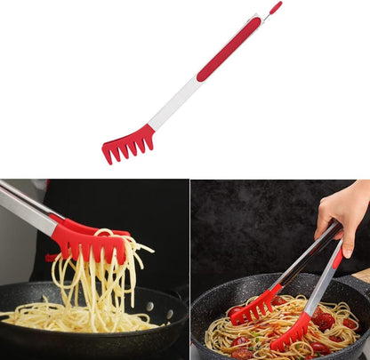 Large 16" Red Stainless Steel Pasta Tong with Silicone Tips, 16 inch Spaghetti Tongs Pasta Server Utensil for Noodles Cooking Baking Food BBQ Kitchen Tools