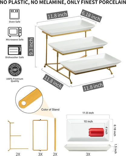 LAUCHUH 3 Tier Serving Tray, Porcelain Serving Platter Tier Serving Stand with Collapsible Sturdier Rack, Serving Trays and Platters Dessert Party Display Set for Father's Day, Gold, 12 Inch