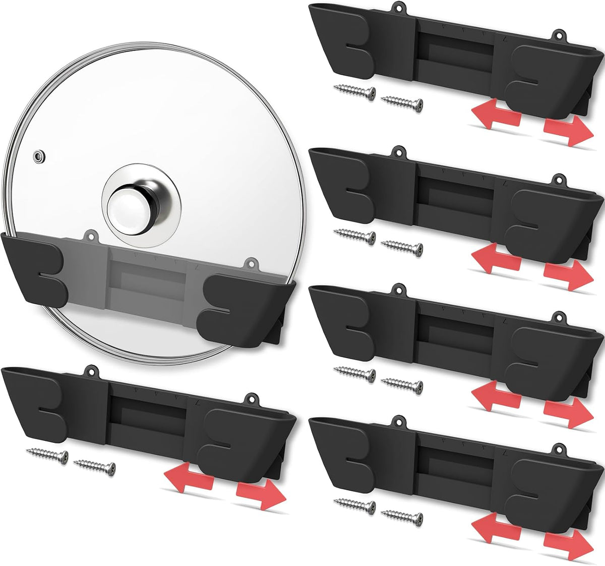 Adjustable Universal Pot Lid Holder Organizer for Cabinet - Upgraded Patented Pan Lids Organizers Inside Door Wall Mount Pots Top Rack for Kitchen Cupboard Fit 6" to 13" (Black)