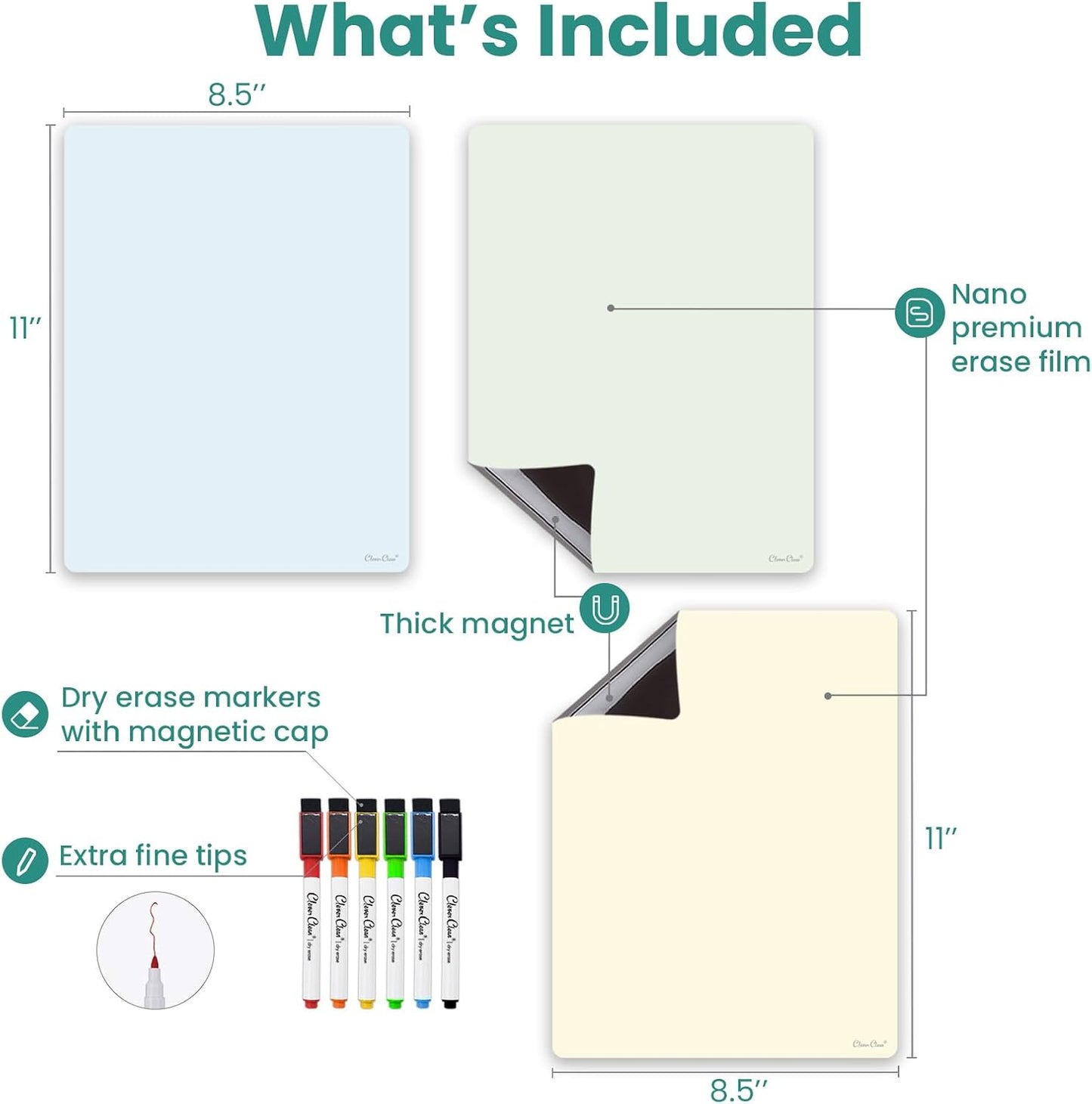 Magnetic Dry Erase Board - 8.5”x11” Dry Erase Whiteboard in 3 Colors - Reusable Blank Whiteboard for Fridge – 6 Dry Erase Markers Included