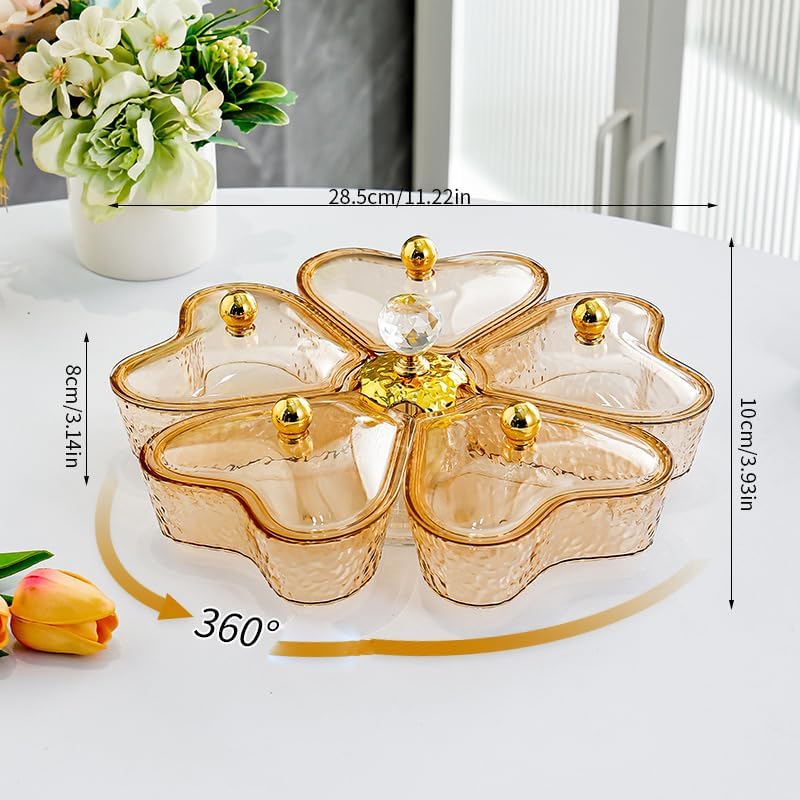 Divided Rotating Serving Tray with Lid and Handle, Portable 5 Compartments Snackle Box for Fruits, Candy, Snacks, Veggie, Nuts, Snack Spinner Organizer, Gold,11.2" L