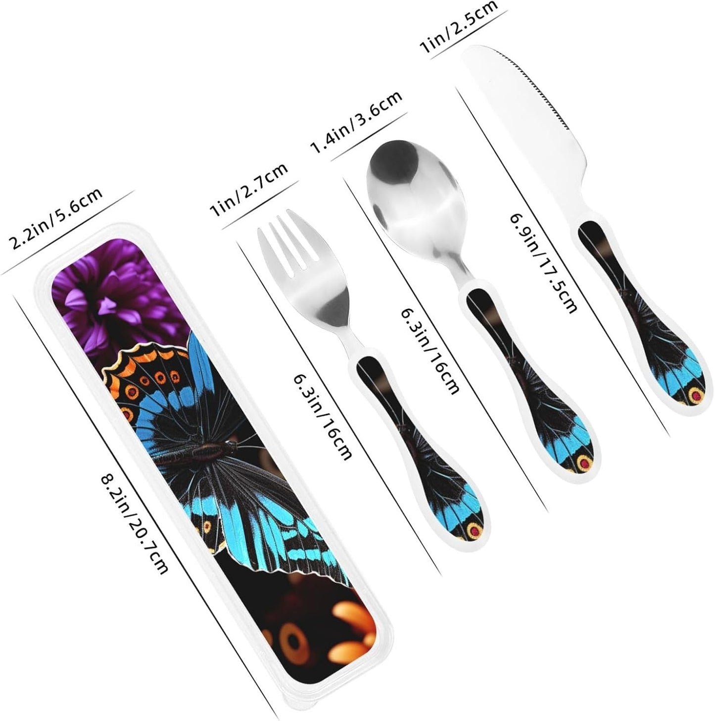 3-Piece Kids Silverware Set With Storage Case, Stainless Steel Reusable Children Safe Knife Spoon Fork Set Butterfly On Beautiful Flower Children Flatware Set For Kids Lunch Box