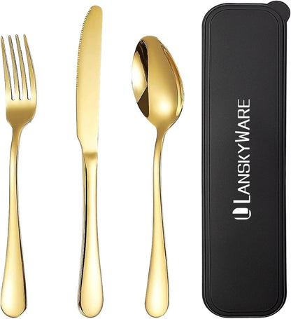 Portable Travel Utensils Set, 18/8 Stainless Steel 3 PCS Cutlery Set Including Knife Fork and Spoon, Reusable Travel Silverware Set with Case for Lunch Box Camping School Office