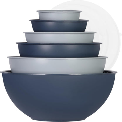 BoxedHome BPA Free Plastic Round Mixing Bowl with Lids, 12 Pack Nesting Bowls with Lids Set, Microwave and Dishwasher Safe Prep & Serving Bowls Great for Mixing, Baking, Serving (pinkish green, 12pcs)