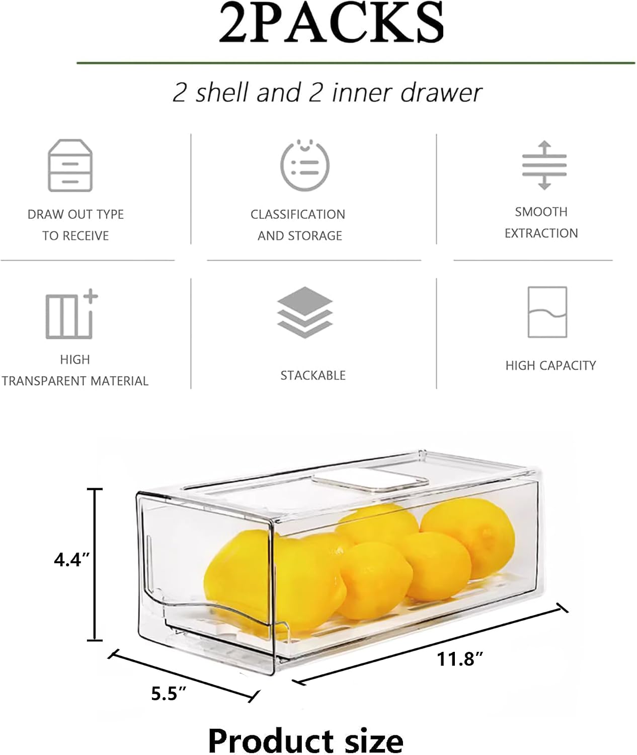 bealy 2 Pack Refrigerator Organizers and Storage, Stackable Clear Pull out Drawer Organizer Bins, BPA-Free Fridge Organizer and Storage for Fruit, Produce, Drink, Snack and Food Storage Containers