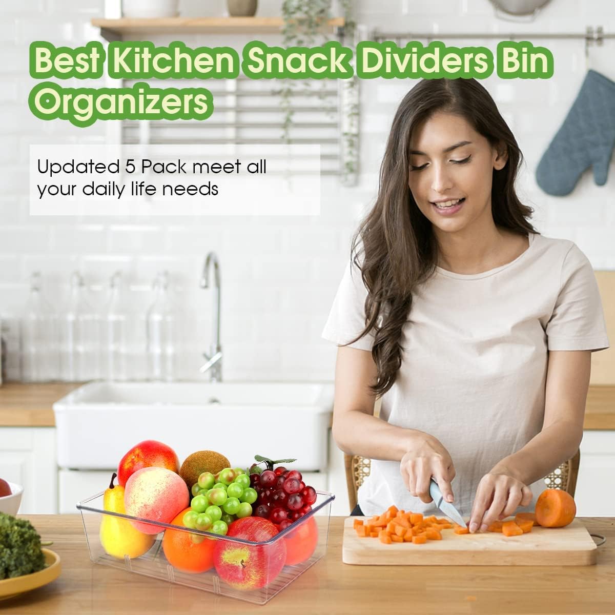 ZIZOTI Snack Organizer for Pantry Shelf, 4 Pack Clear Plastic Pantry Storage Bins with 3 Dividers for Snacks, Spices, Chips Food Organizer, Stackable Pantry Organizers for Kitchen, Fridge, Cabinet