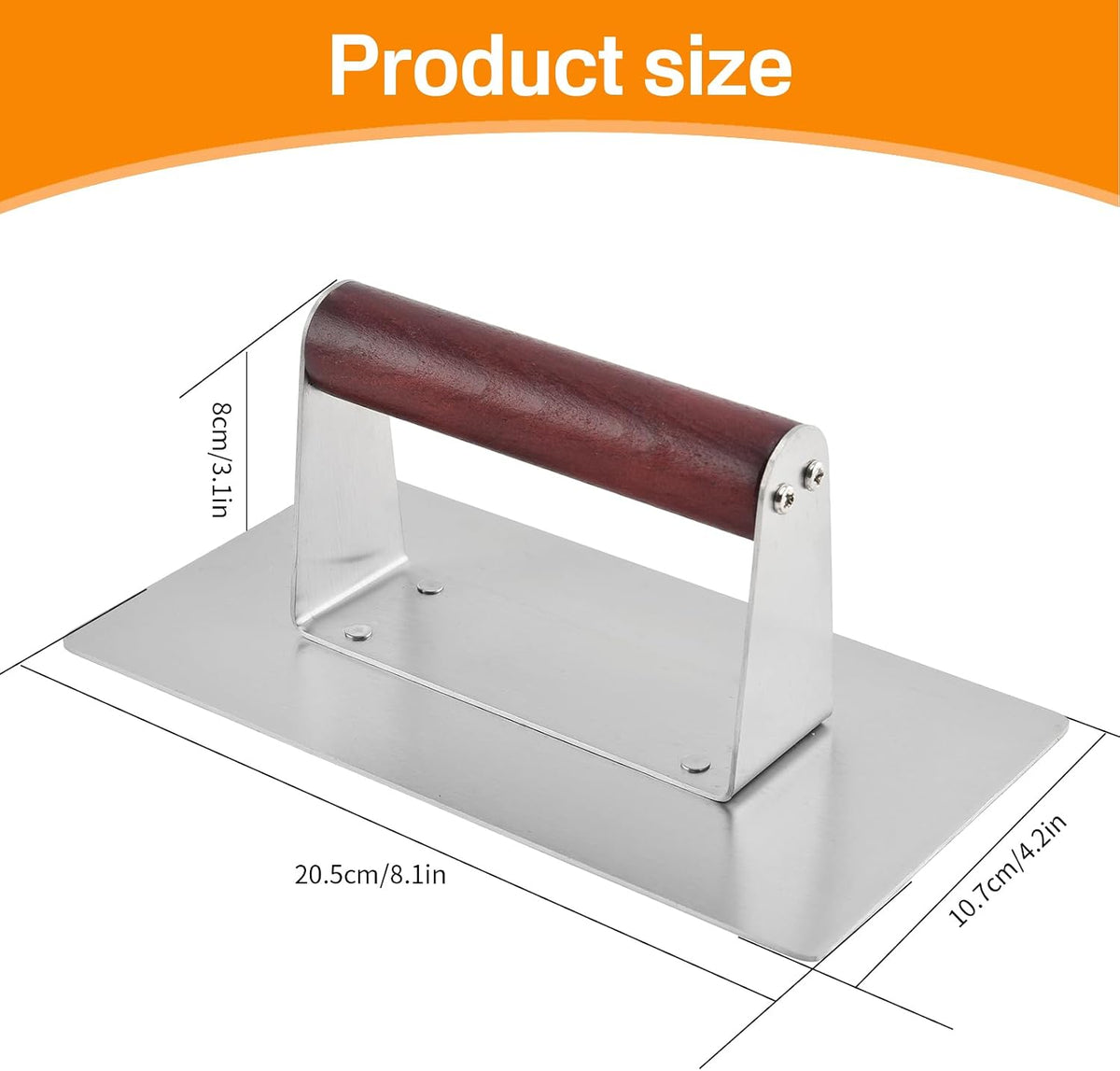 Stainless Steel Bacon Press with Heat Resistant Wood Handle, Heavy Duty Flat Meat Press for Griddle, Grill, Skillet, Prevent Bacon Curling, Perfect for Smash Burger, Sausage, Steak, Panini,8x4.2 inch