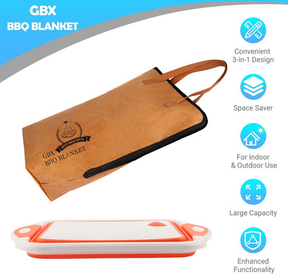 Collapsible BBQ Prep Tub & BBQ Resting Bag - Multi-Function Foldable Cutting Board, BPA Free Portable Silicone Dish Bowl, Leak Free Drain Hole for Meal Prep, Marinating, Food Storage(Orange)