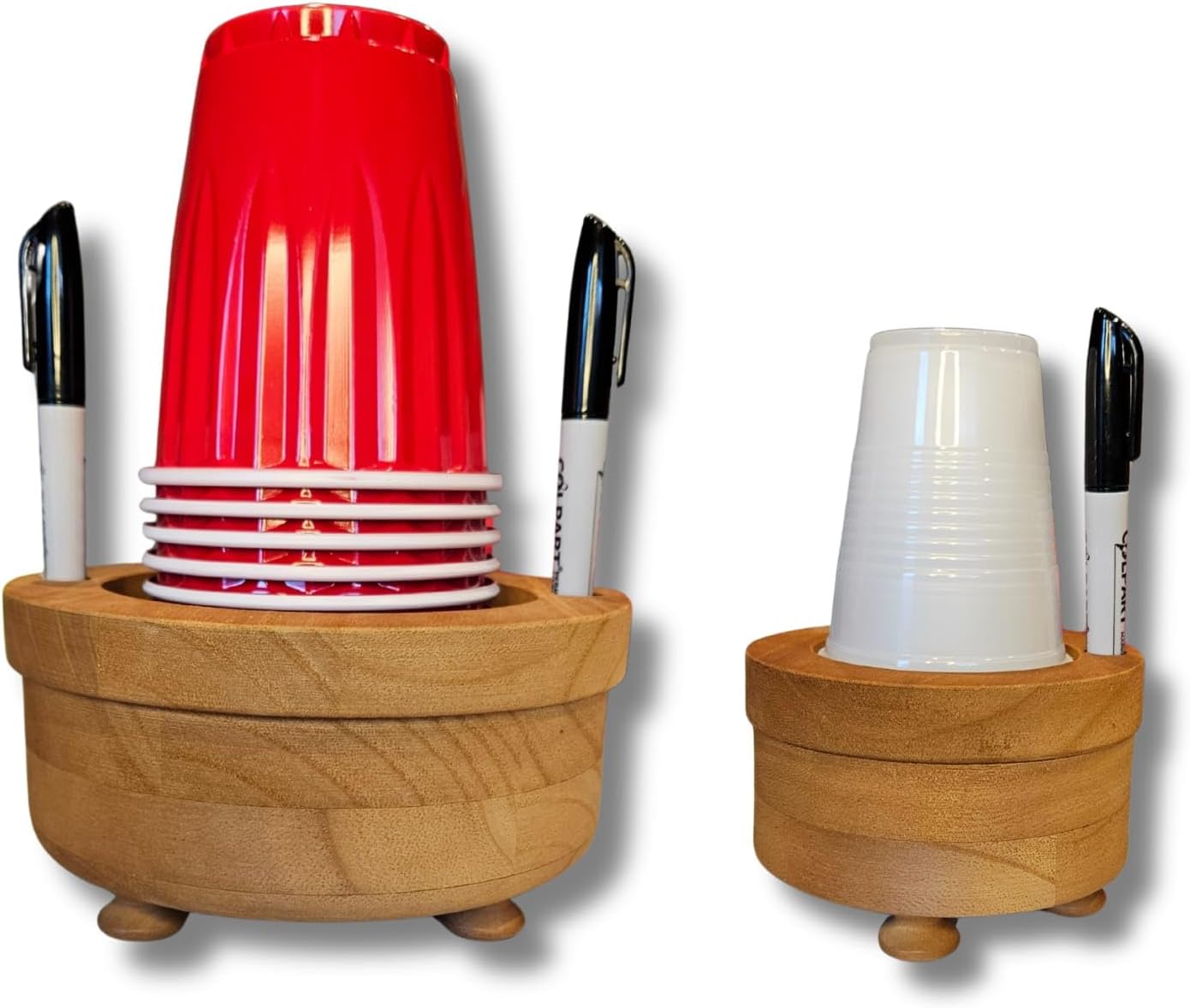 Party Cup Holder with Marker Slots | Drink Organizer for Birthdays, Festive Events, BBQs & Holiday Gatherings | Hosting Essentials for Plastic Cups | Wood Design Two in One (Brown Rustic)