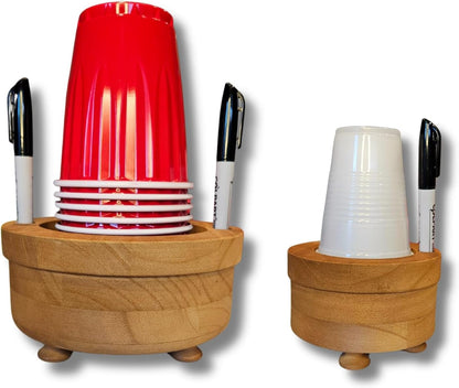 Party Cup Holder with Marker Slots | Drink Organizer for Birthdays, Festive Events, BBQs & Holiday Gatherings | Hosting Essentials for Plastic Cups | Wood Design Two in One (Brown Rustic)