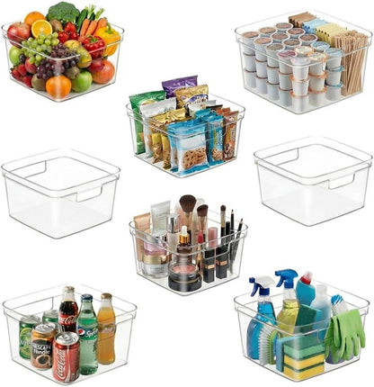 MOONEDGE 4-Pack 10x10x6 Clear Plastic Cube Storage Bins with Handles | Acrylic hard square organizer containers for closet,pantry,fridge,kitchen,bathroom,laundry,under-sink,cabinet organization