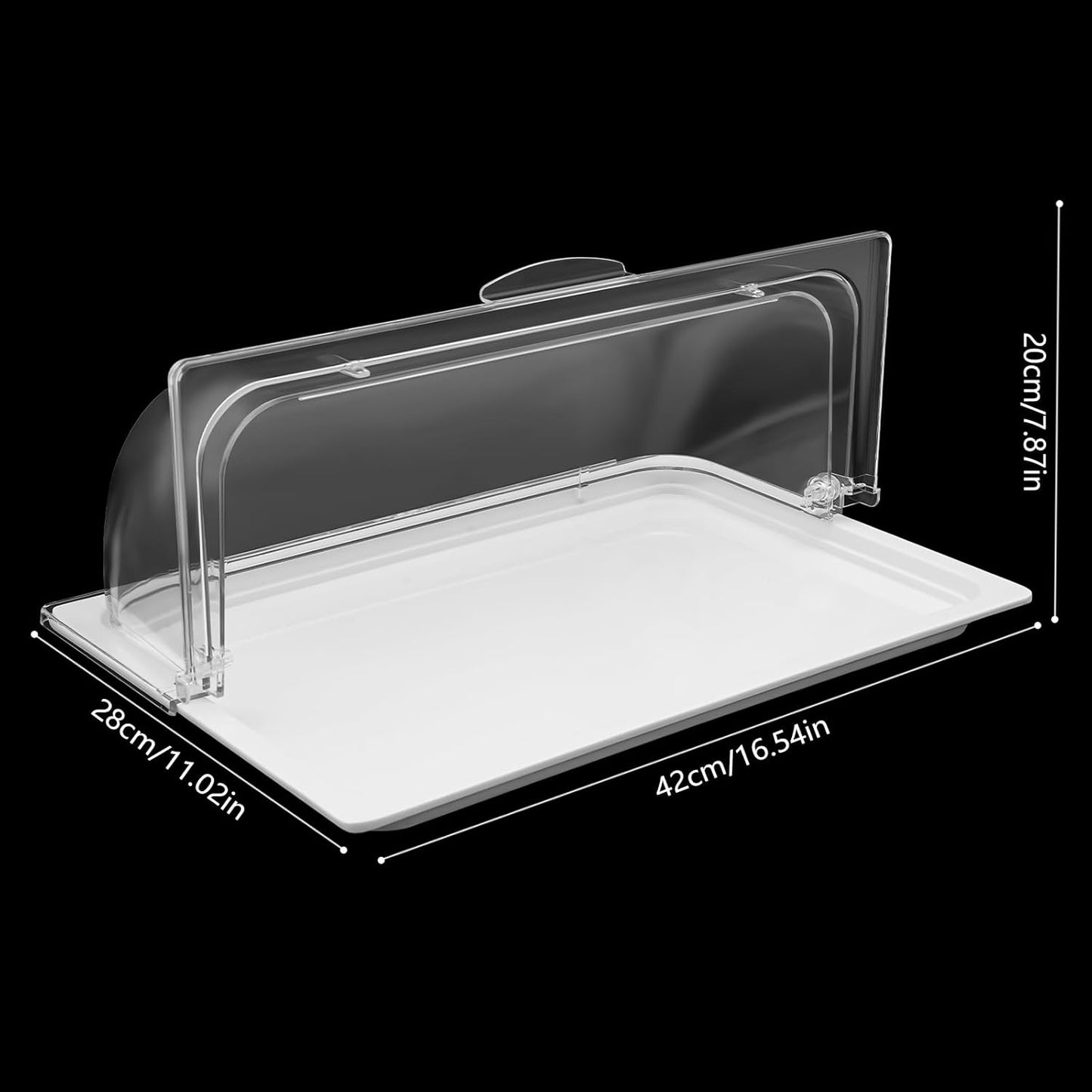 DYNAMI Food Serving Display Tray with Clear Roll Top Cover,Food Grade PC Tray White Food Serving Tray Dessert Display Tray forRestaurant Hotel Kitchen Party Buffet Serving Food,16.5 * 11in