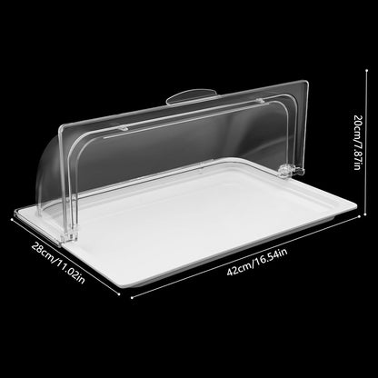 DYNAMI Food Serving Display Tray with Clear Roll Top Cover,Food Grade PC Tray White Food Serving Tray Dessert Display Tray forRestaurant Hotel Kitchen Party Buffet Serving Food,16.5 * 11in