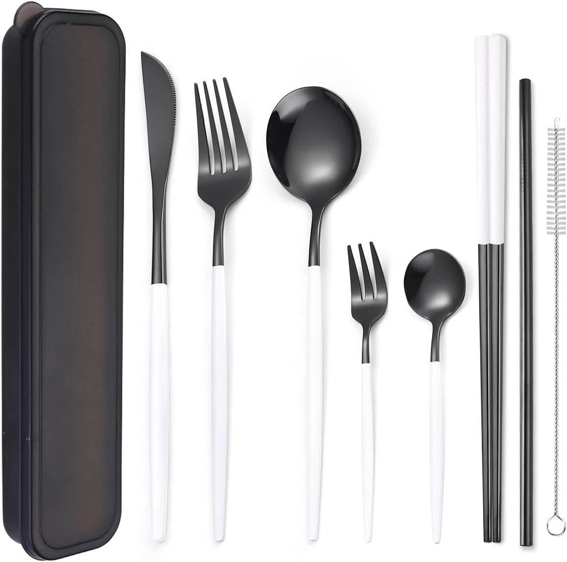 AARAINBOW 8 Pieces Stainless Steel Flatware Set Portable Reusable Cutlery Set Travel Utensils Set Including Chopsticks Knife Fork Spoon Straws Cleaning Brush Dishwasher Safe (Pink Golden)