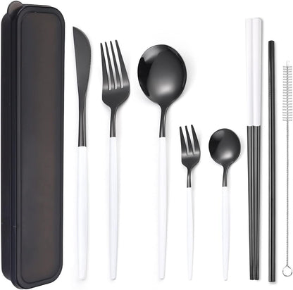 AARAINBOW 8 Pieces Stainless Steel Flatware Set Portable Reusable Cutlery Set Travel Utensils Set Including Chopsticks Knife Fork Spoon Straws Cleaning Brush Dishwasher Safe (Pink Golden)