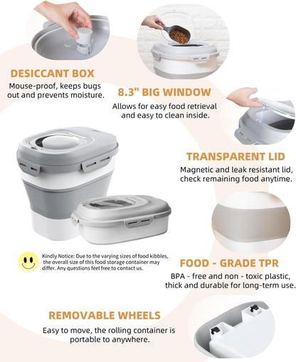 30-35 Lbs Dog Food Storage Container Collapsible Dog Food Container with Airtight Lids, Wheels, Scoop and 2pcs Food Storage Containers, Large Pet food storage for Dog, Cat