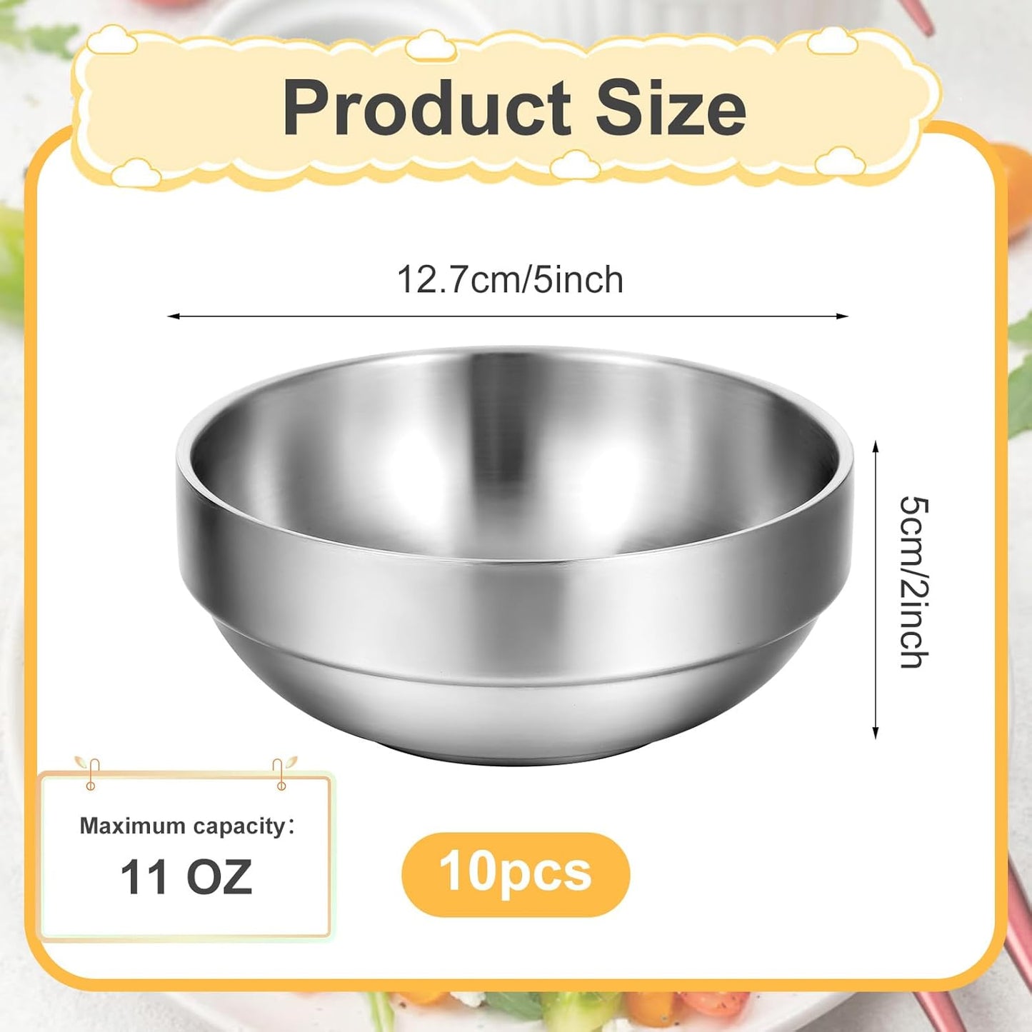 MAQUITA 10 Pack Stainless Steel Bowls 4.5 Inch Snacks 10 Oz Lightweight Salad Bowls Double-walled Metal Serving Dishes for Sauces, Rice, Noodle, Ice Cream