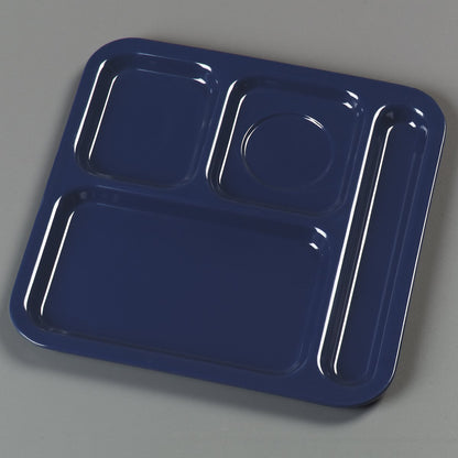 Carlisle FoodService Products Melamine Lunch Tray with 4 Compartments, Right Handed Cafeteria Tray with Divided Compartments for Food, 10" x 9.75", Dark Blue