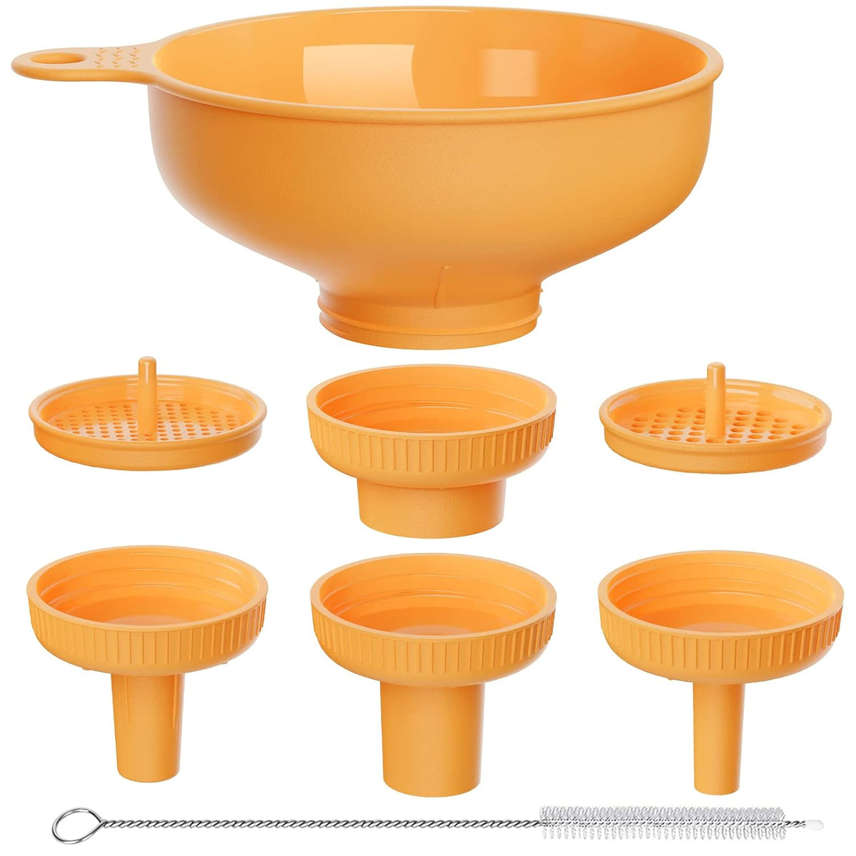 Pisol Wide Mouth Versatile Funnel, Canning Funnels for Kitchen Use, Food Grade Plastic Cooking Funnel Set with 4 Size Spouts and 2 Strainers for Filling Different Bottles and Bags, Orange