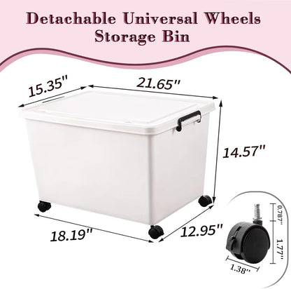 Large Stackable Plastic Storage Bins with Wheels, 3-Pack 60 Quart White Thickened Latching Lid Containers with Lockable 360° Casters for Home, Office, Bathroom, and Dorm Organization